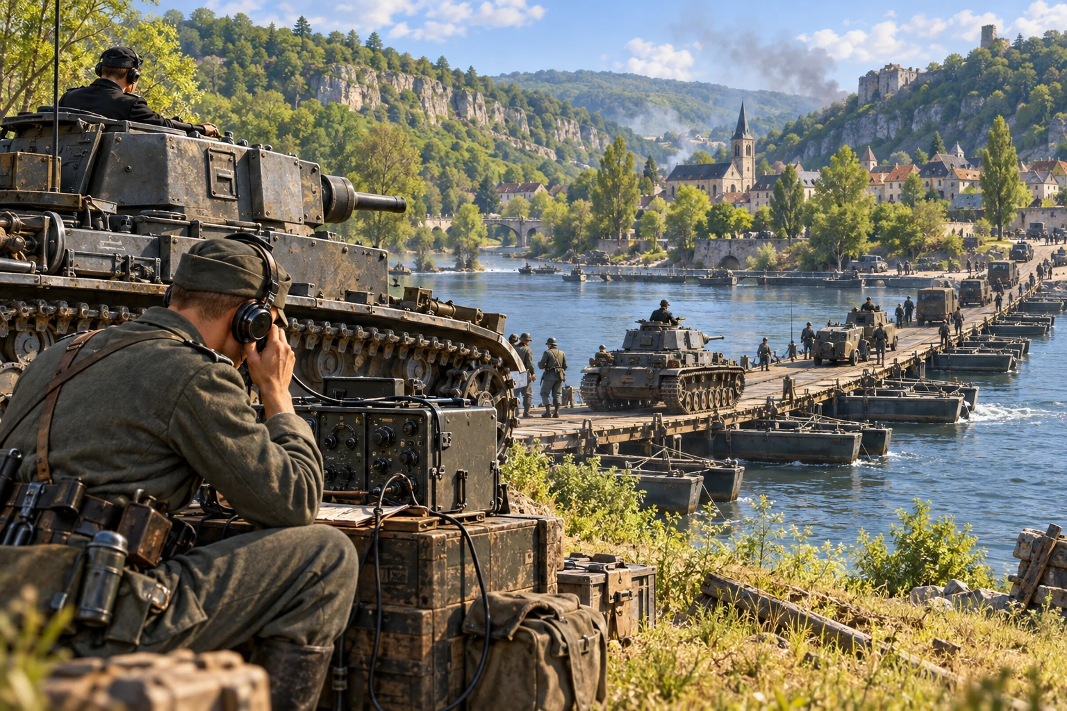 AI-created editorial illustration: Armored coordination and radio communication during the 1940 campaign