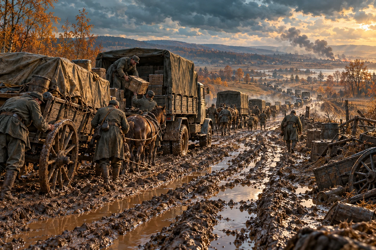 AI-created editorial illustration: Wartime logistics: horse-drawn supplies and mechanized transport
