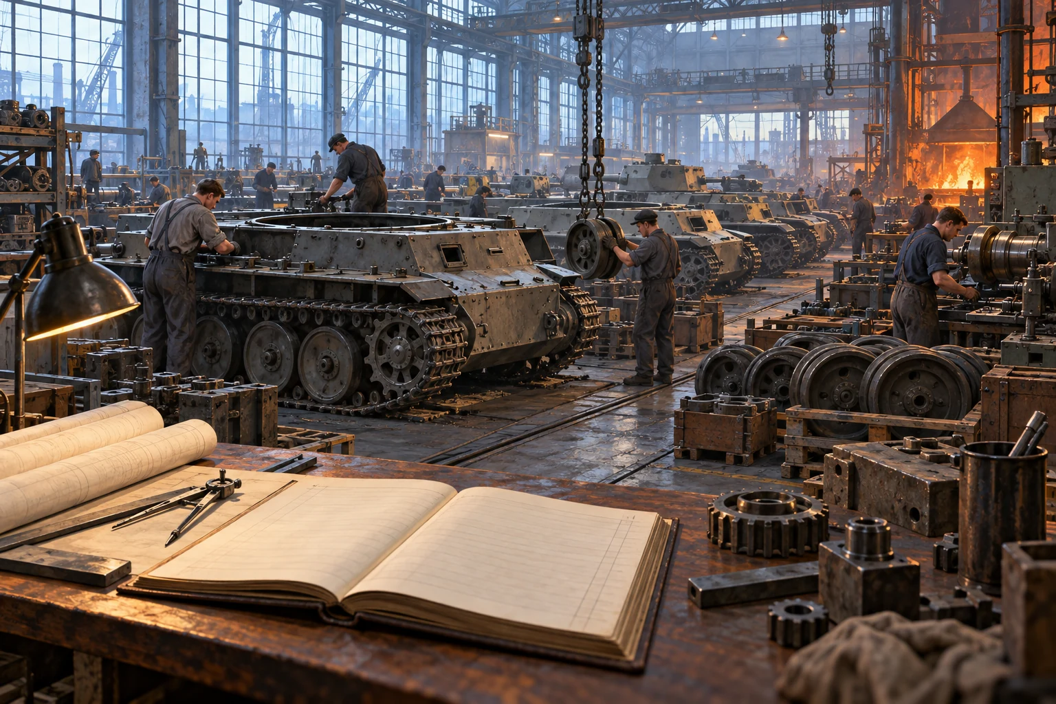 AI-created editorial illustration: German rearmament, industrial production and financial constraints