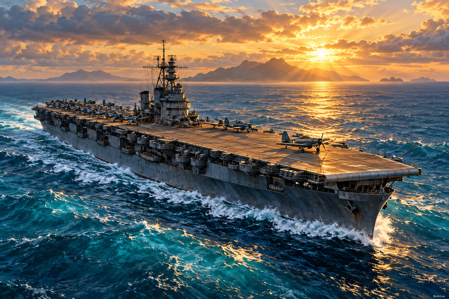 Historical illustration of a World War II aircraft carrier crossing a turquoise Pacific at sunrise