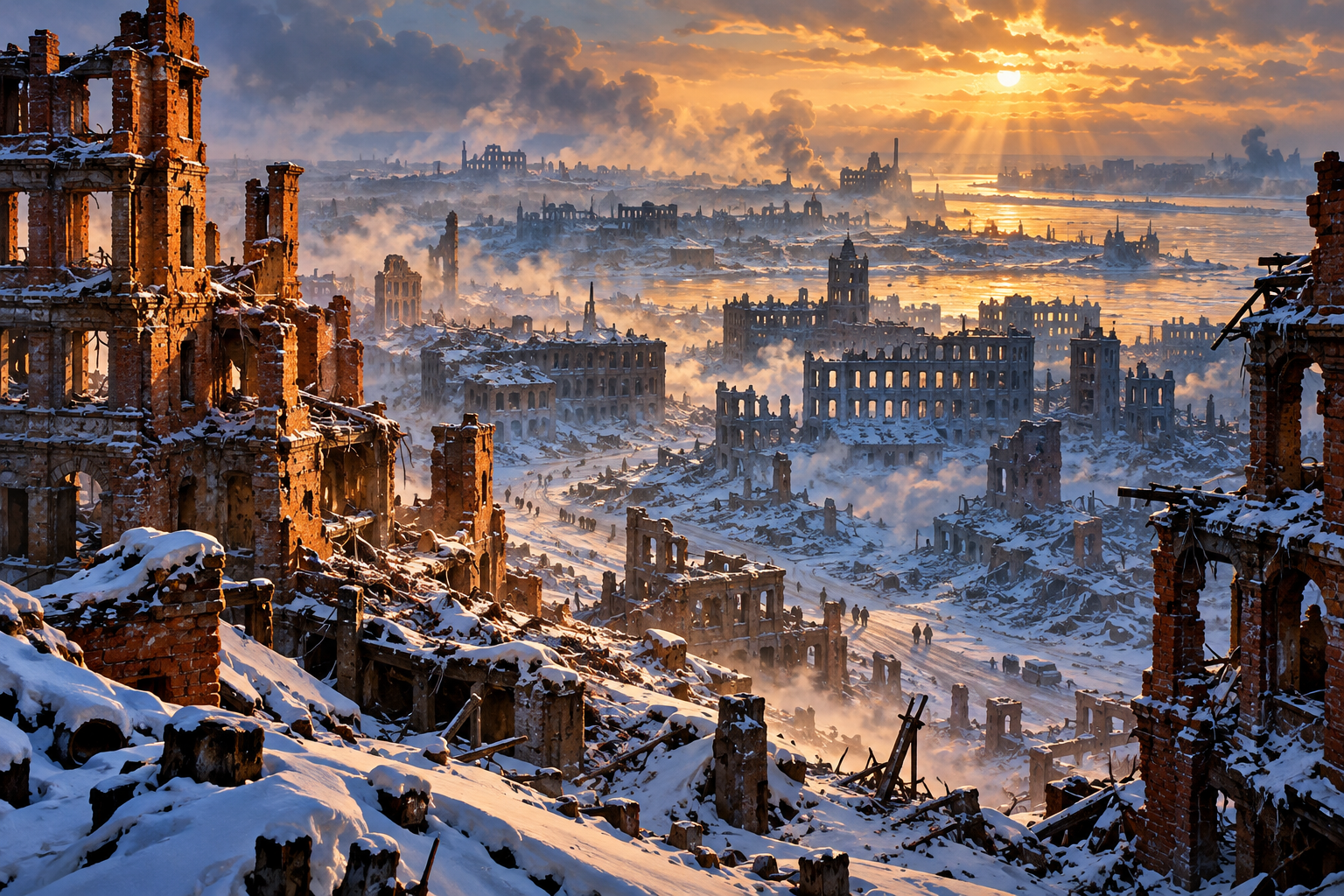 Historical illustration of snow-covered Stalingrad ruins in amber winter light